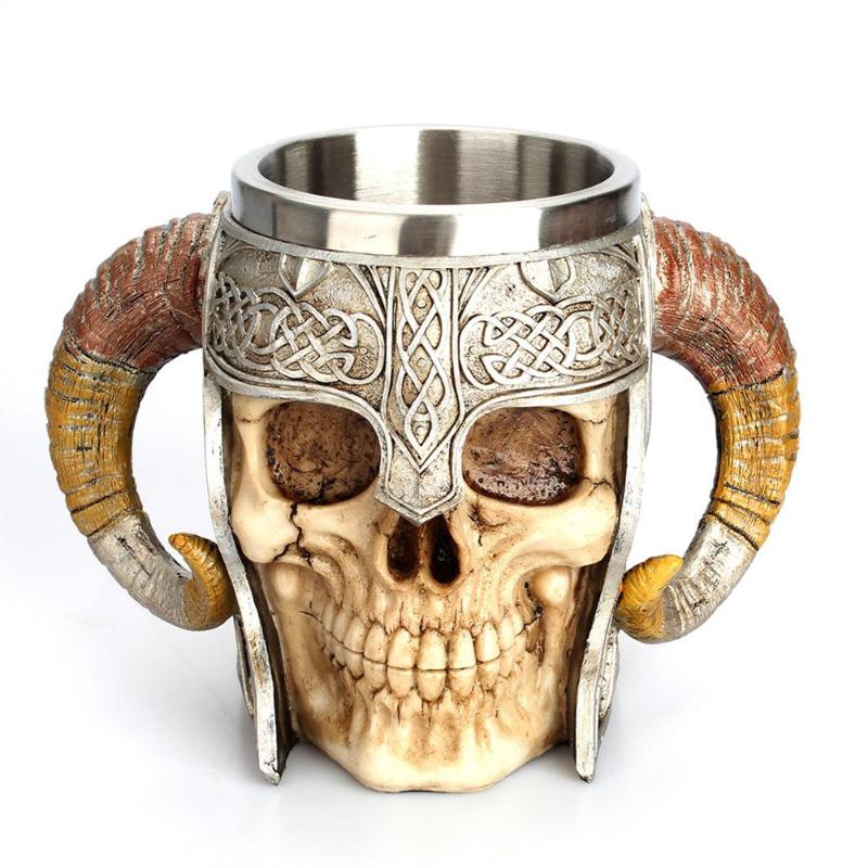 Stainless Steel Skull Mug Viking Drinking Cup Skeleton Resin Beer Stein Tankard Coffee Mug Tea Cup Halloween Bar Drinkware Gift