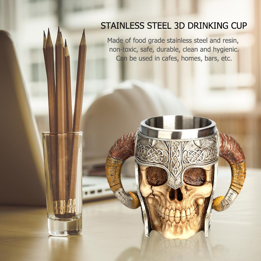 Stainless Steel Skull Mug Viking Drinking Cup Skeleton Resin Beer Stein Tankard Coffee Mug Tea Cup Halloween Bar Drinkware Gift